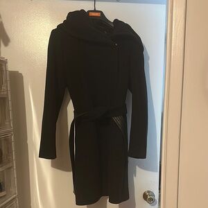 Cole Haan Elegant Black Hooded Coat with Belt